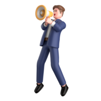 3d homem de negocios executivo pose e em pé com megafone isolado em transparente fundo, 3d Renderização png