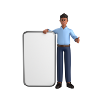 3d homme d'affaire exécutif pose et permanent avec mobile téléphone isolé sur transparent arrière-plan, 3d le rendu png