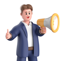 3d homem de negocios executivo pose e em pé com megafone isolado em transparente fundo, 3d Renderização png