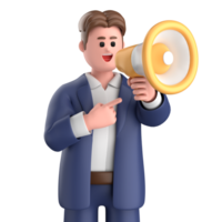 3d homem de negocios executivo pose e em pé com megafone isolado em transparente fundo, 3d Renderização png