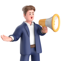 3d businessman executive pose and standing with megaphone isolated on transparent background, 3d rendering png