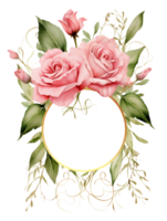 Aquarell von Blumen- Rahmen mit Rose zum Hochzeit Einladung Karte auf isoliert Hintergrund, romantisch und Luxus.erschaffen mit generativ ai Technologie. png