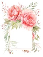 Aquarell von Blumen- Rahmen mit Rose zum Hochzeit Einladung Karte auf isoliert Hintergrund, romantisch und Luxus.erschaffen mit generativ ai Technologie. png