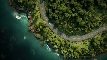 Generative AI, Aerial view of curved asphalt road near the ocean or sea, coastline photo