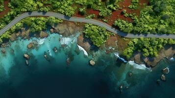 Generative AI, Aerial view of curved asphalt road near the ocean or sea, coastline photo