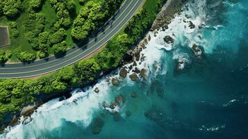 Generative AI, Aerial view of curved asphalt road near the ocean or sea, coastline photo