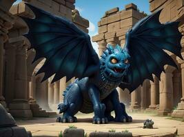 3D rendering of a fantasy dragon in the ruins of an ancient temple. AI generated. photo