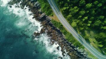 Generative AI, Aerial view of curved asphalt road near the ocean or sea, coastline photo