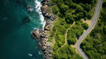 Generative AI, Aerial view of curved asphalt road near the ocean or sea, coastline photo