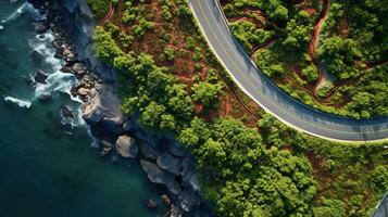 Generative AI, Aerial view of curved asphalt road near the ocean or sea, coastline photo