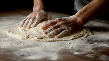 Male hands kneading dough on a wooden table in a bakery photo