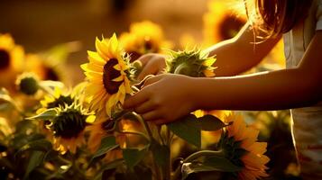 Children's hands touching a sunflower flower. Cute little girl playing with sunflowers in the sunflower field. photo