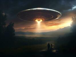 Fantasy landscape with flying saucer in the night sky. photo