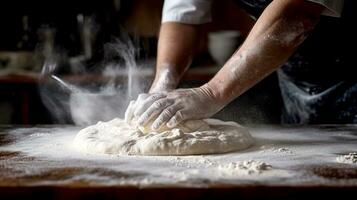 Male hands knead the dough on a wooden table in the kitchen photo