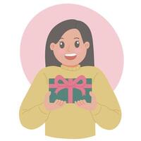 linda joven mujer trayendo caja de regalo con rosado cinta ilustración vector