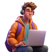 3d Freelancer using laptop for work, Freelancer Working Remotely with Laptop, 3d Freelancer character render, Digital Nomad or Successful Freelancer 3d render isolated on transparent BG, png