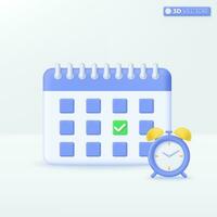 Calendar with alarm clock icon symbols. notification, event, business planning, reminder concept. 3D vector isolated illustration design. Cartoon pastel Minimal style. For design ux, ui, print ad.