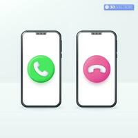 3d Answer and decline smartphone call buttons icon symbols, Calling and disconnec concept. 3D vector isolated illustration design. Cartoon pastel Minimal style. You can used for design ux, print ad.