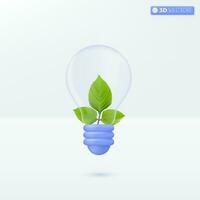 Light bulb transparency and green leaf. develop environment, ecology, idea metaphor. 3D vector isolated illustration design Cartoon pastel Minimal style. You can used for mobile app, ux, ui, print ad.