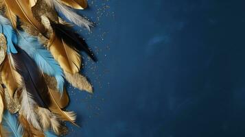 Golden and blue indigenous feather copy space background photo