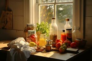 A still life composition featuring everyday object with the sunlight trough the window photo