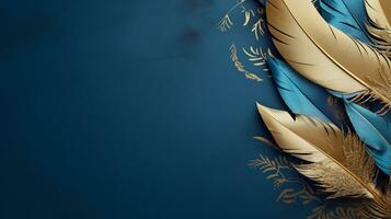 Golden and blue indigenous feather copy space background photo
