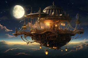 Floating steampunk contraptions in a starlit sky photo