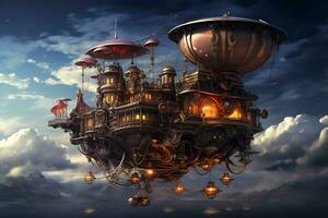 Floating steampunk contraptions in a starlit sky photo