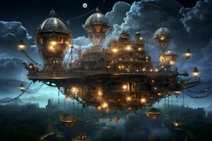 Floating steampunk contraptions in a starlit sky photo