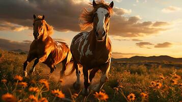 el caballo es Moviente en el prado, generativo ai foto