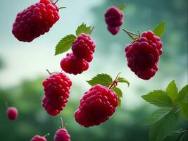 Raspberries floating in the air, Generative Ai photo