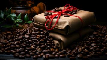 Coffee bag wrapped in coffee beans, Generative Ai photo