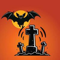 A Scary Bat Flying Over a Cross-Filled Graveyard vector