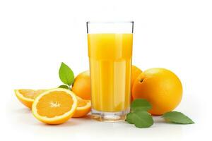 A glass of orange juice on white background. Generative AI. photo