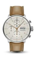 Realistic watch clock chronograph face silver brown leather strap on white design classic luxury vector