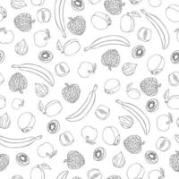 Seamless doodle pattern with fruits bananas, apples, apricot, plums and fig . vector