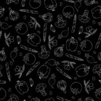 Vegetables pattern on black. Hand-drawn doodle vector seamless pattern of vegetables, metaphor of healthy eating.