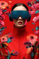 Illustration of a fashion portrait wearing a virtual reality VR headset. AI Generated. photo