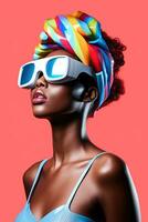 Illustration of a fashion portrait wearing a virtual reality VR headset. AI Generated. photo