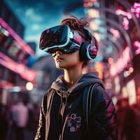 ilustración de un persona vistiendo un virtual realidad vr auriculares, ai generado. foto