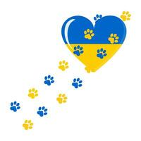 The paws of a cat or dog on a yellow blue heart form footprints on a white background. Vector. vector