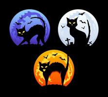 conjunto de Víspera de Todos los Santos gato con murciélagos volador y Luna en oscuro noche vector