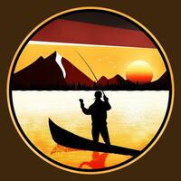 Fishing in a canoe at sunset vector