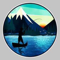 Fishing in a canoe at sunset vector