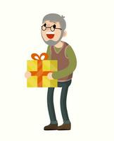 Grandpa is holding gift box. Congratulations to family on holiday. Grandfather day. Happy Old man. Senior birthday. Cartoon flat illustration vector