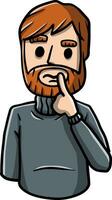 Confused man. Doubts and gesture finger at hands. Emotions of hesitation, suspicion and mistrust. Hand-drawn embarrassed bearded character. Guy and question vector