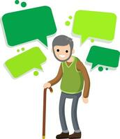 Funny old man with cane. Senior and Active Lifestyle, recreation grandfather. Flat cartoon Cloud text bubble dialog. Conversation and Talk. vector