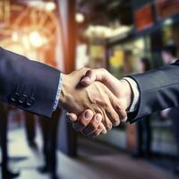 Business shaking hands, finishing up meeting. Successful businessmen handshaking after good deal. Congratulation, merger and acquisition concepts, panoramic banner. Generative AI photo