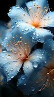 Close up of Blue flowers with drops of water on dark background. Beautiful Macro Photo. Colorful Flowers. Generative AI photo