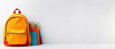 Backpack with bright school stationery on isolate background, banner design. Back to school concept photo